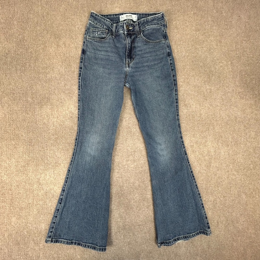 Hollister High Rise Flare Jeans Womens 2S Blue Denim Cotton Floral Embroidered